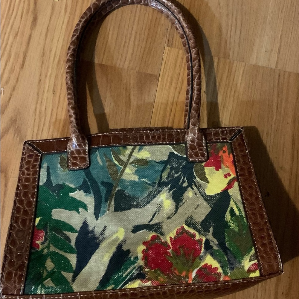 Liz Claiborne Embossed Leather and Floral Canvas Handbag